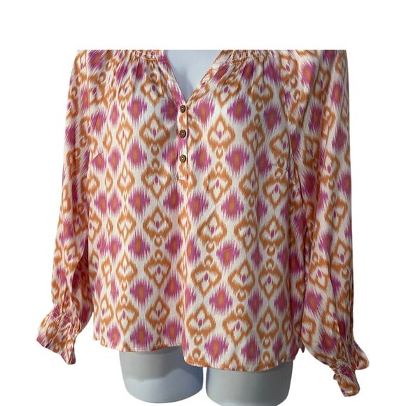 Destination 365 Top Womens Size Large Ikat Print Split-Neck Blouse Pink Blouse - Picture 5 of 10